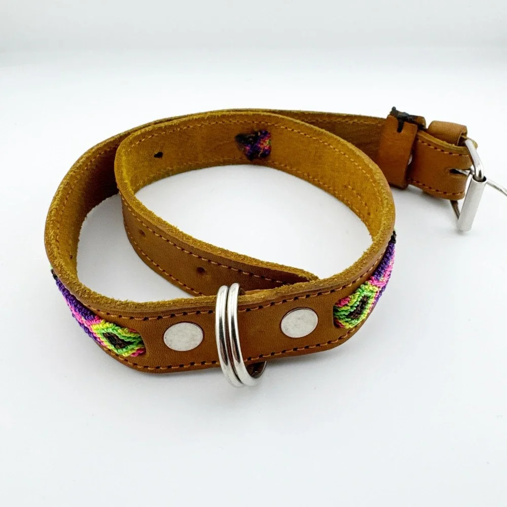 Genuine Leather Dog Collar‎ Woven Aztec Pattern Adjustable Metal Buckle D Ring